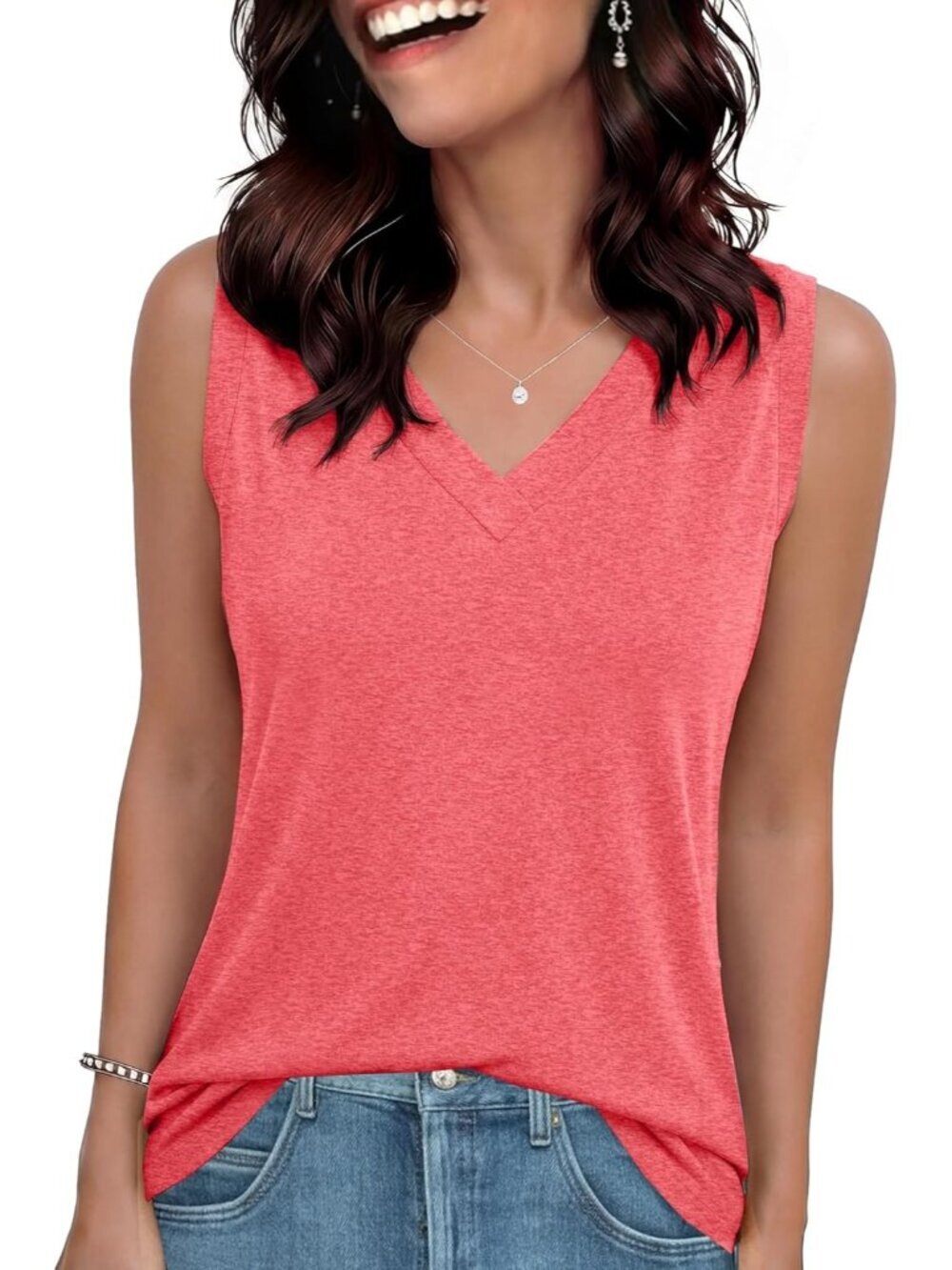 Women's Watermelon Red Fit Short Sleeveless V Neck Blouses Casual Tank Top Shirt